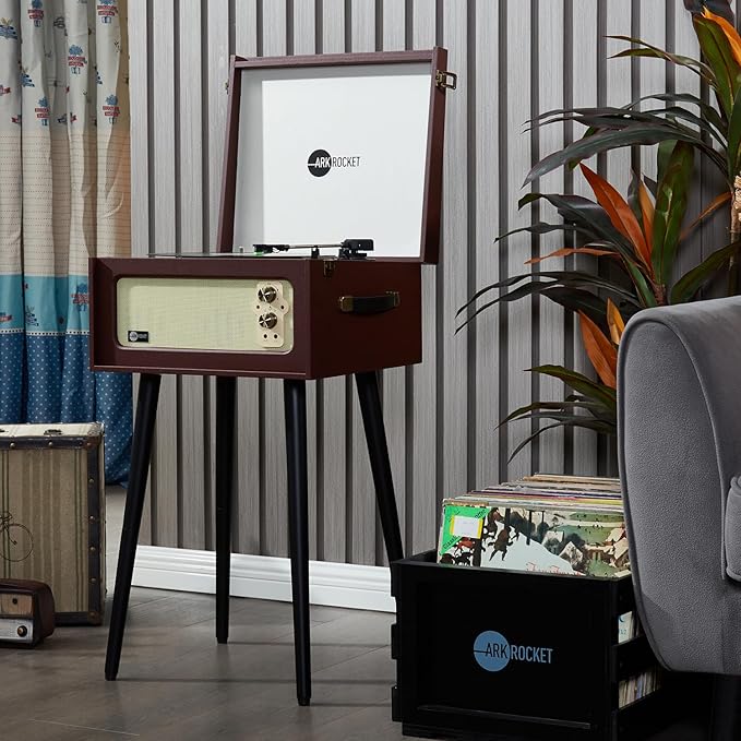 Arkrocket 3-Speed Bluetooth Record Player Retro Turntable with Built-in Speakers and Removable Legs [ Limited Edition ] (Brown)