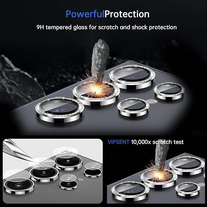 For Samsung Galaxy S24 Ultra Camera Lens Protector, Individual Lens Protector, Ultra HD 9H Tempered Glass Screen Protective Cover, Anti-scratch, Military Grade Drop Protection 2 Set. (Glitter Silver, S24 Ultra)