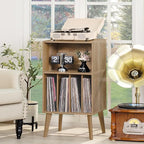 Lerliuo Record Player Stand, Oak Turntable Stand Holds up to 160 Albums, Mid-Century Vinyl Storage Cabinet Table with Solid Wood Legs, Record Player Holder Dispaly Shelf for Bedroom Living Room