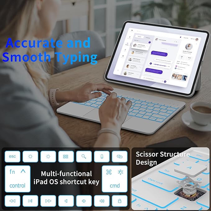 Keyboard Case for iPad 10th Generation (10.9" 2022) and iPad 11th (A16, 2025), Magnetic Detachable Wireless keyboard for ipad 10th generation with 7 Color Backlight, Multi-Touch Trackpad(White)