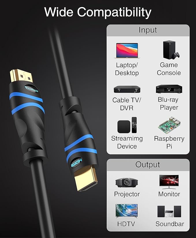 BlueRigger 8K HDMI Cable (6FT - 4 Pack, 8K 60Hz HDR, 4K 120Hz, High Speed 48Gbps with Ethernet, eARC, 3D, HDCP 2.3) - Compatible with PS5, Xbox, Roku, Apple TV, Switch, PC