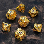 Golden Metal Hollow DND Dice Set (Paladin) Metallic Luster Maze Design with Storage Box - Balanced Weight 7 Piece Zinc Alloy, Designed for Dungeons and Dragons DM Player RPG Accessories