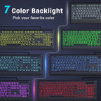 Large Print Keyboard - 7 Interchangeable Backlight Colors, Light Up USB Wired Computer Keyboards, USB Plug-and-Play, Foldable Stands, Corded Full Size Keyboard for Windows, PC, Laptop