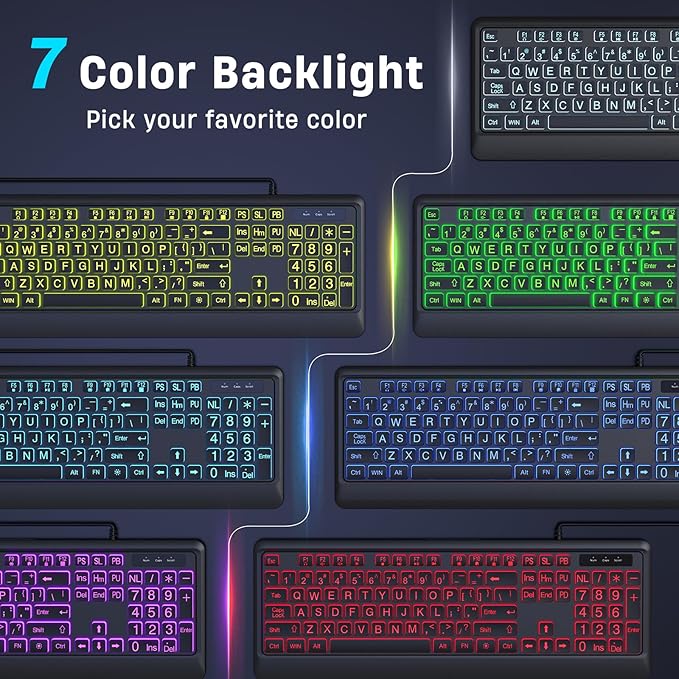 Large Print Keyboard - 7 Interchangeable Backlight Colors, Light Up USB Wired Computer Keyboards, USB Plug-and-Play, Foldable Stands, Corded Full Size Keyboard for Windows, PC, Laptop
