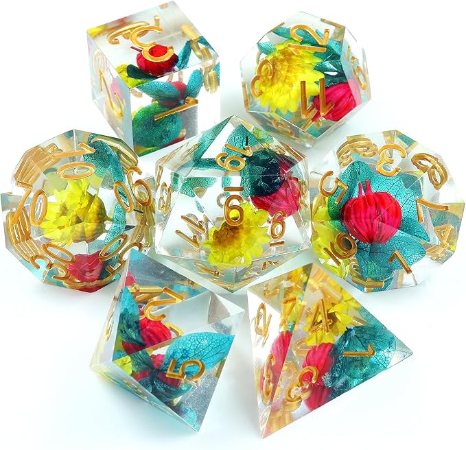 Haxtec Flower Sharp Edge Dice Resin DND Dice Set 7PCS Yellow Blue Red Polyhedral D&D Dice for Role Playing Dice Games Compatible with Dungeons and Dragons