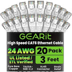 GEARit Cat 6 Ethernet Cable (20-Pack 3 Feet) Cat6 Network Patch, 10Gbps, RJ45, Snagless Cord, Gold-Plated Connectors, Internet for PC, TV, Tablet, Router, Printer, Servers, IT Data Center - White