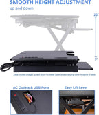 Rocelco 46" Standing Desk Converter with AC USB Charger and Dual Monitor Stand - Height Adjustable Three Screen Riser Computer Workstation - Sliding Keyboard Tray - Black (R DADRB-46-ACUSB-DM3)