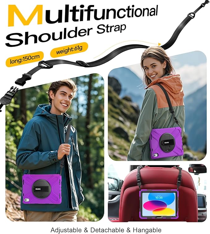 BRAECN for iPad (A16) 11th/10th Generation case 11/10.9 inch 2025/2022 Heavy Duty Shockproof Protective with Pencil Holder Screen Protector 360°Rotating Stand Handle & Shoulder Strap Full Body Cover