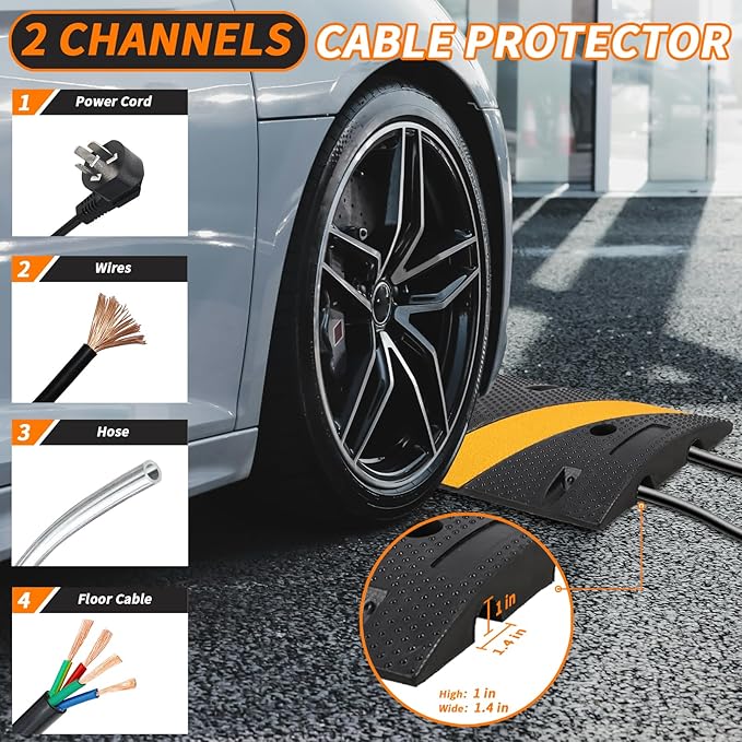 Heavy Duty Speed Bumps for Driveway, 6 ft 2 Pack Rubber Speed Bumps, 2 Channel Modular Traffic Speed Bump Hump Cable Protector Ramps for Asphalt Concrete Gravel Driveway Road with 8 Bolt Spikes