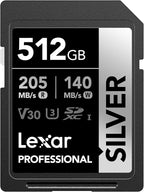 Lexar 512GB Professional Silver SD Card, UHS-I, C10, U3, V30, 4K, Up to 205/140 MB/s SDXC Memory Card, for Professional Photographer, Videographer, Enthusiast (LSDSILV512G-BNNNU)