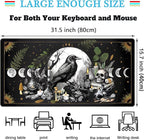 Cute Kawaii Raven Desk Mat XXL Large Extended Gaming Mouse Pad Nature Forest Gothic Mousepad with Stitched Edges, Anime Skull Laptop Keyboard and Mouse Mat Desk Pad for Work Game 31.5x15.7 in