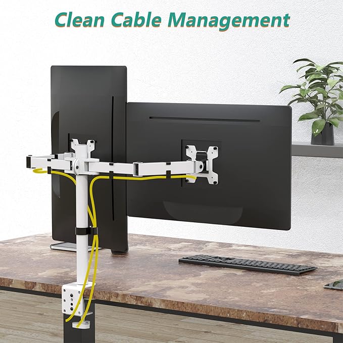 WALI Dual LCD Monitor Fully Adjustable Desk Mount Stand Fits 2 Screens up to 27 inch, 22 lbs. Weight Capacity per Arm (M002-W), White