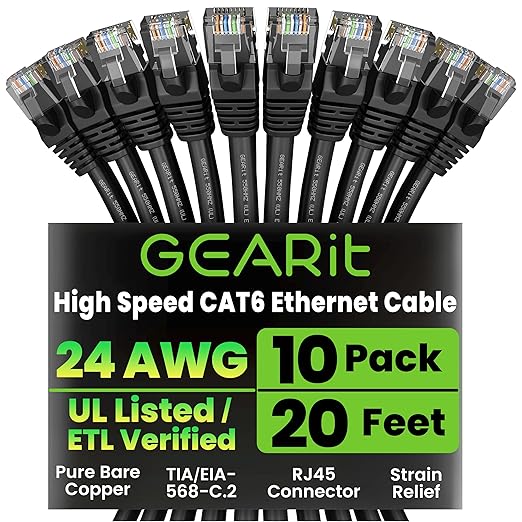 GearIT Cat 6 Ethernet Cable Pack - 10-Pack 20 ft Cat6 Ethernet Patch Cables | RJ45 Network Patch Cable, 10 Gbps Snagless Gold-Plated Connectors - Ethernet Cable Cat 6 for PC, TV, Router - Black