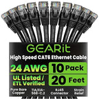 GearIT Cat 6 Ethernet Cable Pack - 10-Pack 20 ft Cat6 Ethernet Patch Cables | RJ45 Network Patch Cable, 10 Gbps Snagless Gold-Plated Connectors - Ethernet Cable Cat 6 for PC, TV, Router - Black
