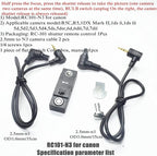 RC101-N3 Camera Shutter Remote Control for Canon R5 R5C 5D4 5D3 6d2 1/4 Screw Fixing Small Release Button Handle Two Cameras in sync Release Button