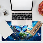 Desk Mat, Earth Surrounded by Flowers Desk Pad, Blue Butterfly Large Gaming Mouse Pad, 31.5"x15.7", Extended Big Computer Keyboard Mouse Pad with Non-Slip Base and Stitched Edge