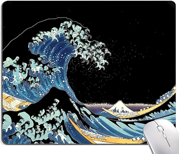 Japanese Sea Wave Mouse Pad, Square Mouse Mat Waterproof Non-Slip Rubber Base MousePads