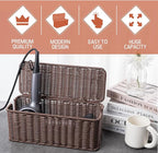 Cable Management Box, Handmade Rattan Cable Organizer, 2 Open Slots Cords Hider Box, Under Desk Cord Organizer for Computer Router USB Hub & Power Strip, Patent Pending, 13" x 5.1" x 5.1", Brown