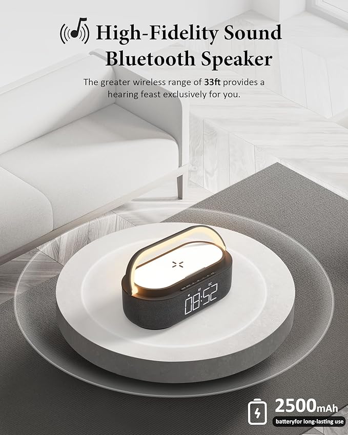 COLSUR Bluetooth Speaker with Wireless Charger, FM Radio, Dimmable LED Night Light, Stereo Sound Dual Wireless Speakers, 2500mAh Portable Speaker for Home Decoration, Bedroom, Office, Gift