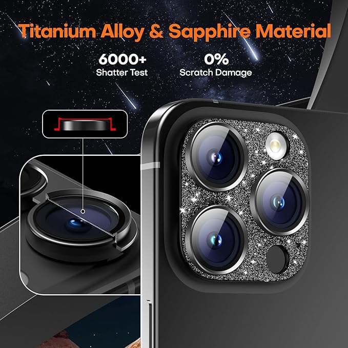 Camera Lens Protector for iPhone 16 Pro Max/16 Pro/15 Pro Max/15 Pro/14 Pro Max/14 Pro, Aluminum Alloy Sapphire Glass Camera Screen Cover, Case Friendly- Glitter Black