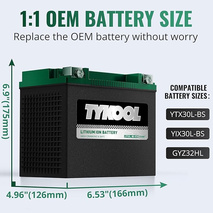 TYKOOL YIX30L-BS-STD (YTX30L-BS),650CCA, Lithium LiFePO4 Motorcycle Battery 12v,Digital Readout,Fits for BMW,Harley Davidson; ATV,UTV,Snowmobile,Compatible for Polaris,BRP (Can-Am),Arctic Cat