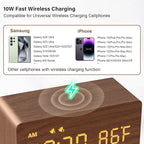 MOSITO Digital Wooden Alarm Clock with Wireless Charging, 0-100% Dimmer, Dual Alarm, Weekday/Weekend Mode, Snooze, Wood LED Clocks for Bedroom, Bedside, Desk, Kids (Brown)