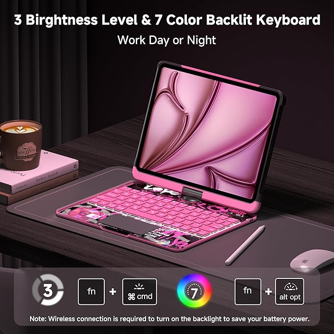 iPad Keyboard Case for 2024 M4 iPad Pro 11 inch, Magic Wireless Keyboard with Trackpad 7 Color Backlit, 360° Rotating Stand Transparent Protective Cover with Pencil Holder (Pink)