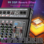 6-Channel Audio Mixer for PC, SX-6iu Mixing Console with XLR Inputs, Bluetooth, 99 Digital Signal Processor Effects, USB Interface, MP3 Compatible for Podcast, Music, Recording 9.84"x2.17"x12.6"inches
