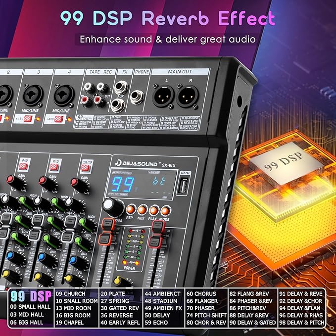 4-Channel Audio Mixer for PC, SX-4iu Mixing Console with XLR Inputs, Bluetooth, 99 Digital Signal Processor Effects, USB Interface, MP3 Compatible for Podcast, Music, Recording 9.84"x2.17"x9.84"inches