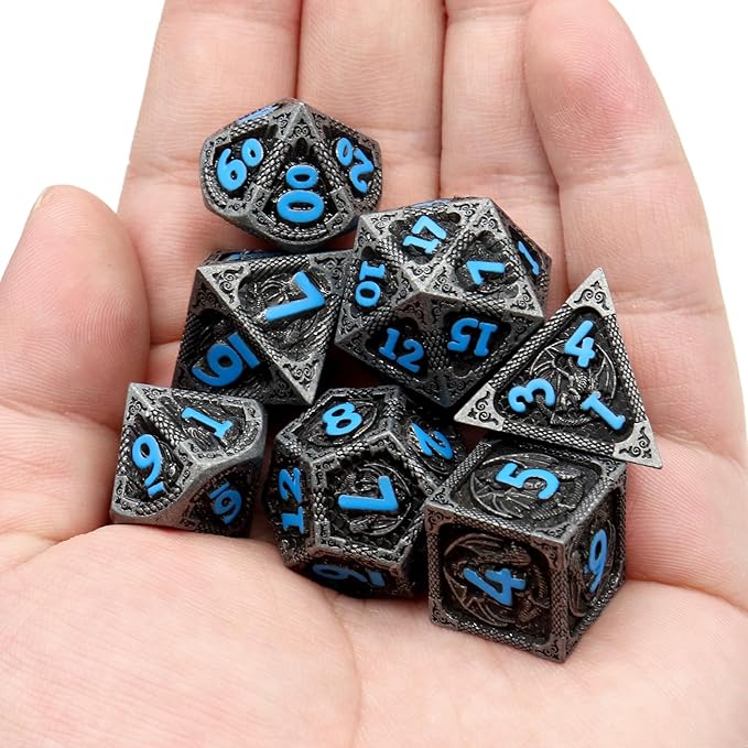 Haxtec Metal DND Dice Set Black Blue Dragon D&D Dice Set with Leather Dice Bag Metal Polyhedral Dice Compatible with Dungeons and Dragons Gifts TTRPG Dice