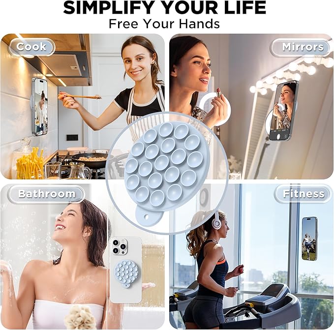 Magnetic Suction Cup Phone Mount for MagSafe Case, Silicone Hands-Free Grip Holder for iPhone and Android, Mirror Shower Phone Stand for Makeup FaceTime Gym Kitchen Bathroom, Baby Blue