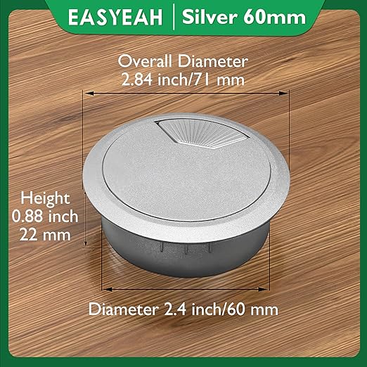 5 Pcs Desk Grommet 2-3/8" / 60 mm, Desk Cord Hole Cover, Cable Grommet ABS Plastic, Desk Hole Grommet for Home & Office Pc, Detachable Adjustable Cable Cord Organizer-Silvery