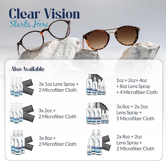 Purity Eyeglass Lens Cleaner Kit - 3 x 2oz Travel Size Lens Cleaner Spray Bottle + 2 Microfiber Cleaning Cloths - Safe for All Lenses (AR Coated Included), Eyeglasses and Screens - Clear
