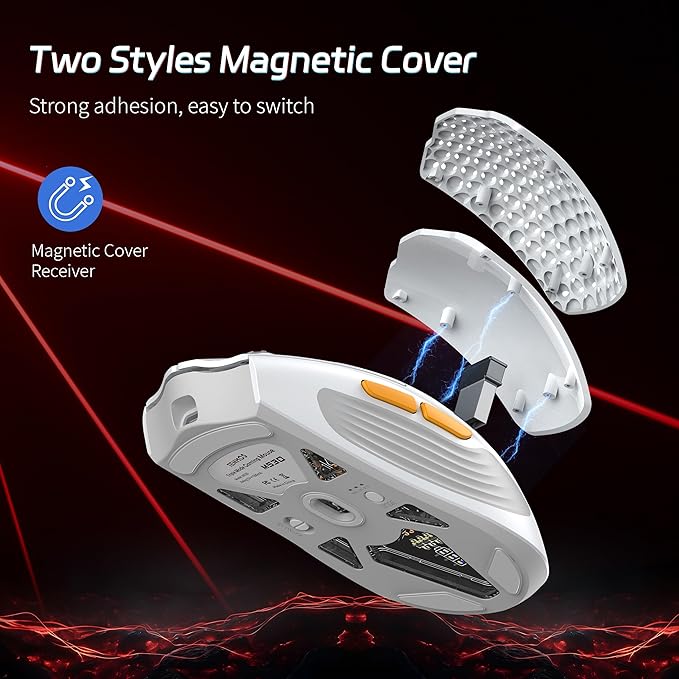 TENMOS M530 Wireless Gaming Mouse, 2.4G/Bluetooth/USB C Wired Rechargeable Mouse, 12000 DPI, RGB, 6 Programmable Buttons, Honeycomb Magnetic Cover, with Receiver Extender for Laptop/PC/Mac, White