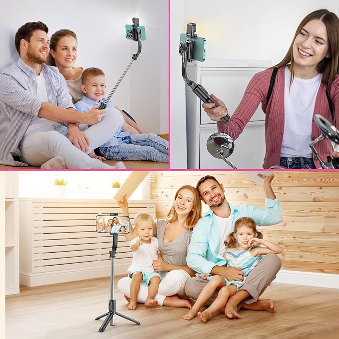 Selfie Stick Tripod with Fill Light, All in One Extendable Selfie Stick with Detachable Wireless Remote, Flexible Phone Tripod Stand Compatible with iPhone/Galaxy, Compact Size & Lightweight
