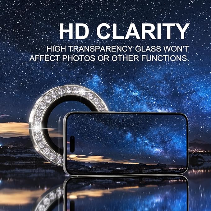 Choiche Compatible for iPhone 16 Pro/iPhone 16 Pro Max Camera Lens Protector Bling, 9H Tempered Glass Camera Cover Screen Protector Metal Ring Decoration Accessories (Diamond-Titanium Natural)