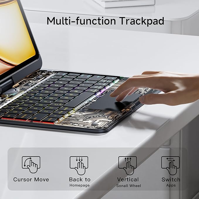 iPad Keyboard Case for iPad 10th Gen (2022) & 11th (A16, 2025), Magic Wireless Keyboard with Trackpad 7 Color Backlit, 360° Rotating Stand Transparent Protective Cover with Pencil Holder (Black)