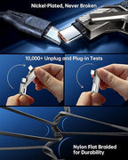 4-in-1 Long USB C Cable 10FT Compatible with Lightning Cable 90 Degree Fast Charging Flat Nylon Braided for iPhone/iPad Charger Cord Multi Charge Cord with L/USB C/USB A Ports, Grey