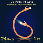 Rapink Patch Cables Cat6 1ft (24 Pack), Ethernet Patch Cable 10G Support, Cat 6 Patch Cable for Patch Panel to Switch, Flexiable Cat 6 Ethernet Cable with Gold Plated Orange