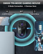 SM600 Honeycomb Shell Gaming Mouse Wireless,8000 DPI Tri-Modes BT5.1/2.4G Wireless/Type-C Wired Gamer Mouse with 2 Side Buttons, Macro Programmable and RGB Light for PC/Mac/Laptop,Black