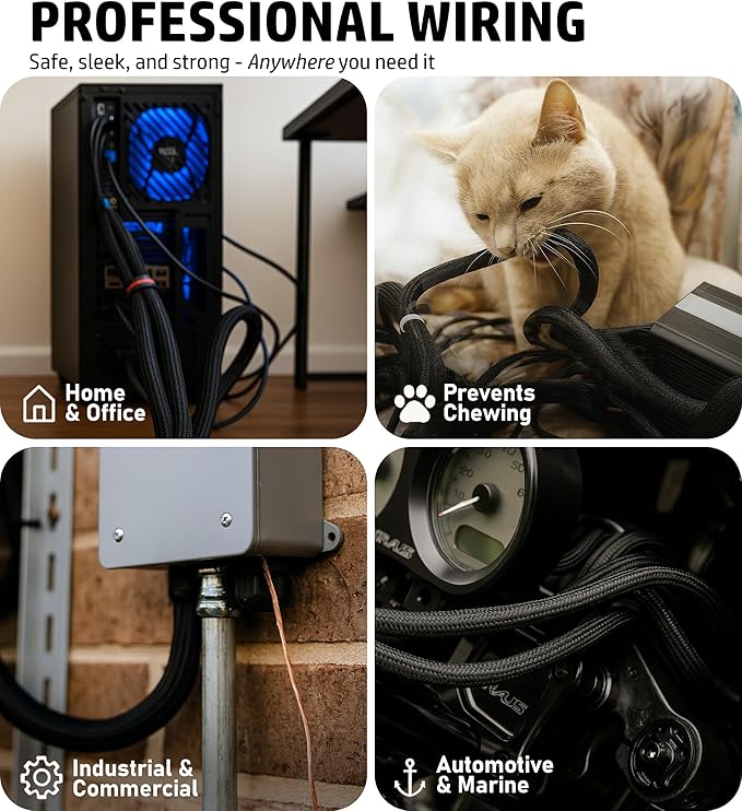MGI SpeedWare Woven Mesh Split-Sleeve Wire Loom for High-Temperature Automotive Harness and Home Cable Management - 25 feet (1/4")