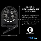 Treva 5 Inch Rechargeable Powered Clip Fan 3 Speed Slim and Portable Indoor and Outdoor Cooling Multi-Directional