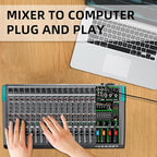 Depusheng MX16 16 Channel Sound Mixer Audio Mixing Console 48V 256DSP Professional USB PC Play Record Podcast Live Broadcast (US MX16)