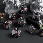 Metal Dice Set D&D, DNDND 7 PCS Flower Metallic DND Dice Set with Grogeous Gift Case for Dungeons and Dragon Tabletop Game (Matte Black with Pink Flower)