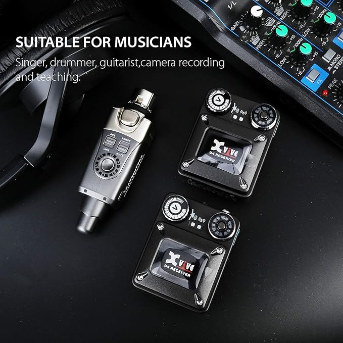 Xvive U4 Wireless in-Ear Monitor System Transmitter and Beltpack Receiver Personal IEM for Studio, Band Rehearsal,Live Performance,Camera Record (U4) (U4R2)