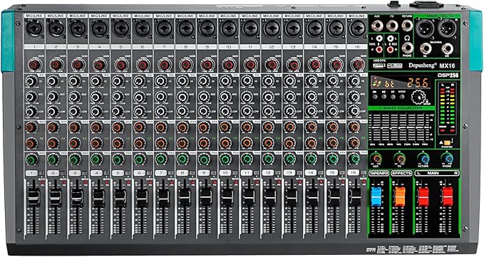 Depusheng MX16 16 Channel Sound Mixer Audio Mixing Console 48V 256DSP Professional USB PC Play Record Podcast Live Broadcast (US MX16)