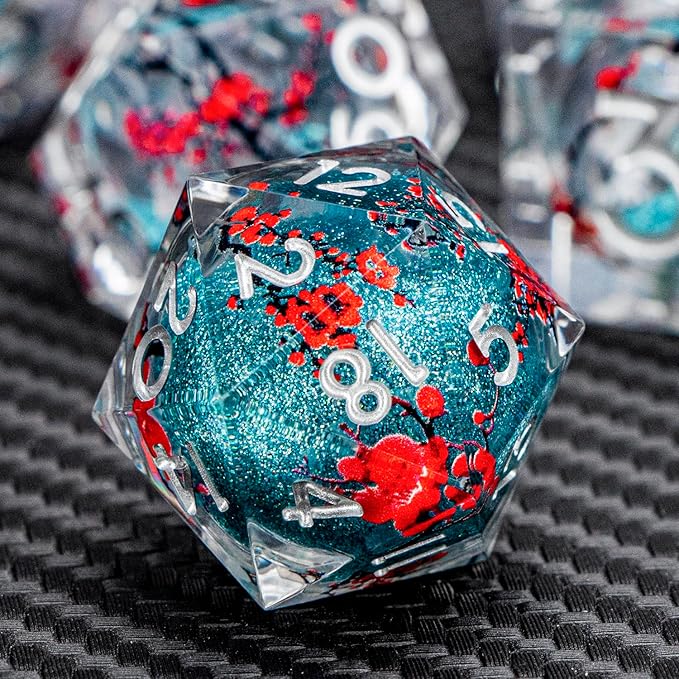 ARUOHHA DND Resin Dice Plum Blossom Liquid Core Dice Silver Blue Sharp Edged Dragons Polyhedral Dice Set with Gift Box, Role Playing Game Dungeons D and D Dice Set D20 D12 D10 D6 D4