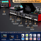 Audio Mixer, Sound Board for Pc/Phone Live Streaming Singing Gaming, Sound Mixer for 3.5mm/Xlr Dynamic/48V Microphone, Live Sound Card with DJ Mixer Effects & Voice Changer, Denoise, One Click Mute