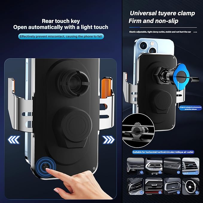 Wireless Charger Holder, Auto Clamp Vent Phone Mount - 15W Fast Charging Dual Induction Car Phone Mount with Transparent Design for iPhone 16 Pro Max 15 14 13 12 11, Sumsung S24 S23 S22 Series