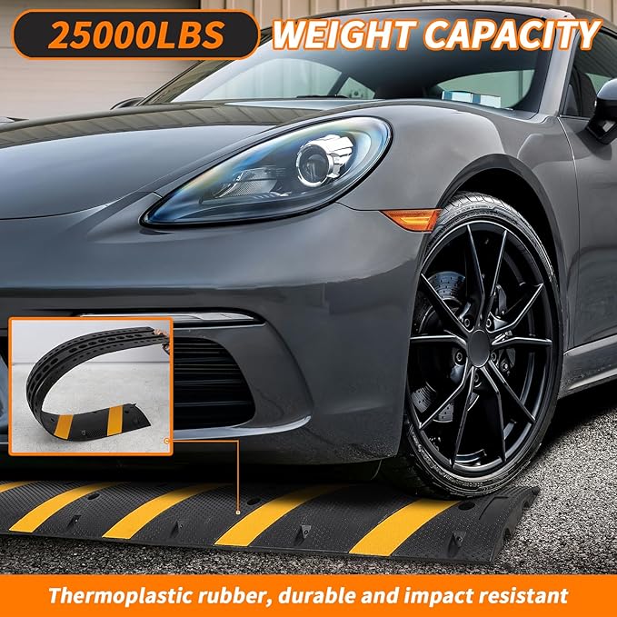 Heavy Duty Speed Bumps for Driveway, 84" Rubber Speed Bumps, 1 Pack 2 Channel Modular Traffic Speed Bump Hump Cable Protector Ramps for Asphalt Concrete Gravel Driveway Road with 2 End Caps, 6 Spikes